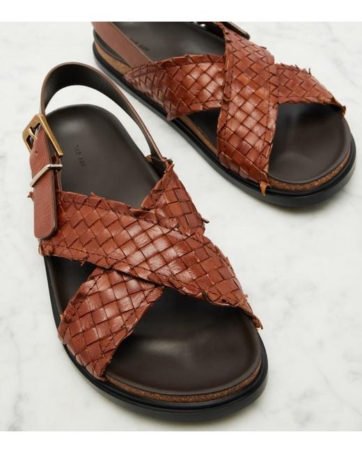 The Row Brown Buckle Woven Leather Sandals