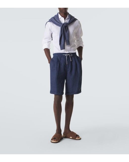 Brunello Cucinelli Blue Linen Shorts for men