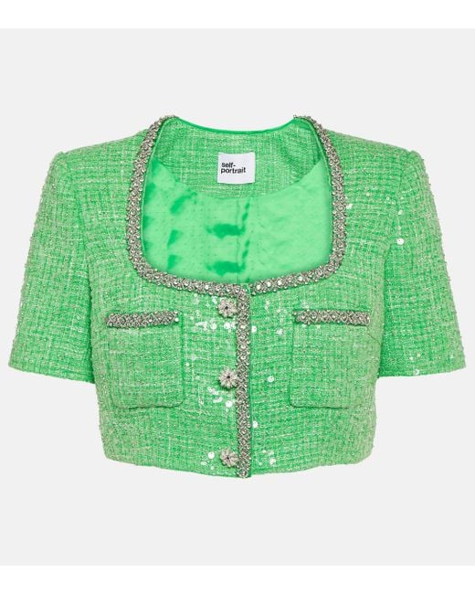 Self-Portrait Green Sequined Embellished Boucle Crop Top