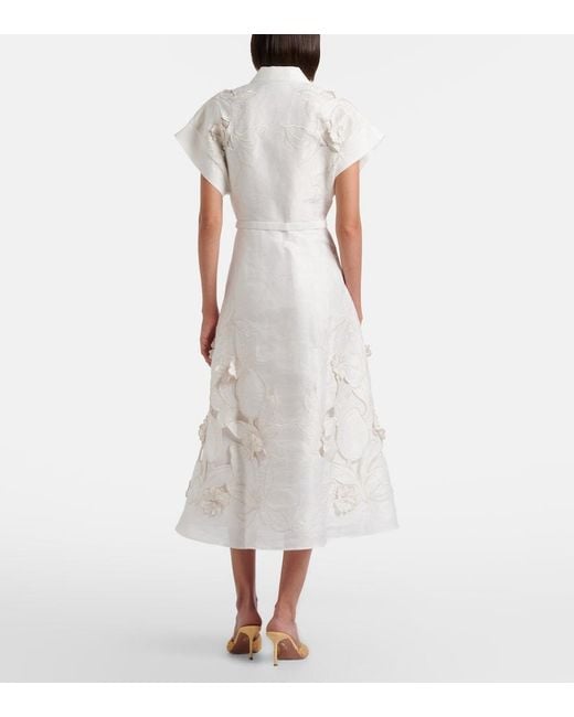 LEO LIN White Aubrey Floral-Applique Linen-Blend Shirt Dress