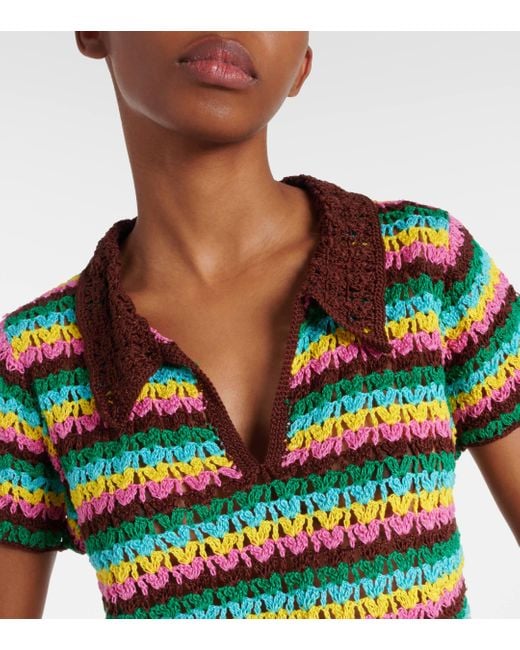 Anna Kosturova Green Striped Crochet Cotton Polo Shirt