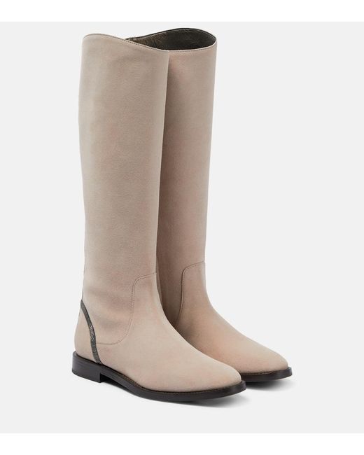 Brunello Cucinelli Brown Embellished Suede Knee-high Boots