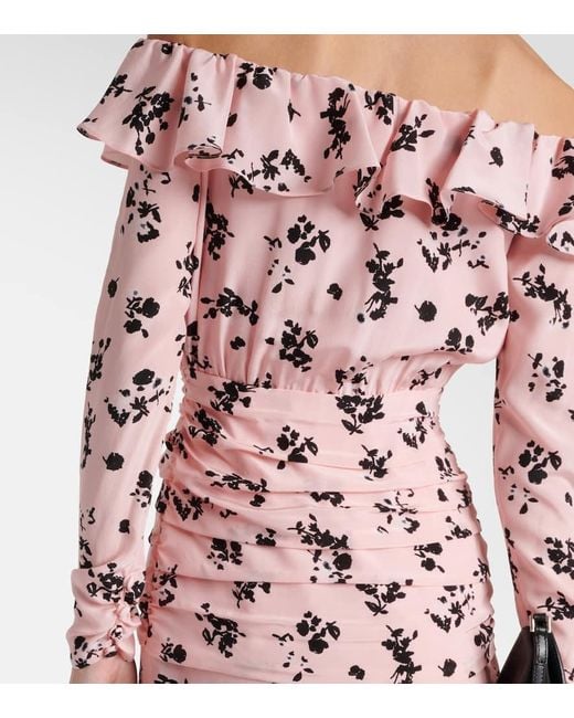 Alessandra Rich Pink Floral Off-Shoulder Silk Midi Dress