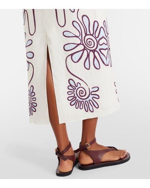 Cala De La Cruz White Amaranta Printed Linen Midi Dress