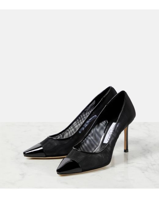 Jimmy Choo Black Romy 85 Patent Leather-trimmed Pumps
