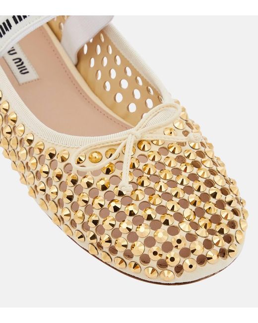 Miu Miu Natural Crystal-Embellished Leather Ballet Flats