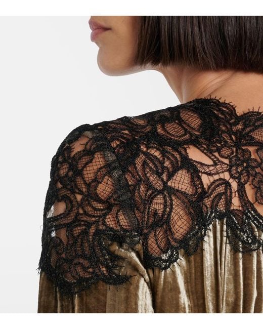 Costarellos Gray Senna Lace-Trimmed Plisse Velvet Gown