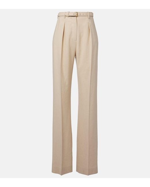 Loro Piana Natural Belted Linen And Wool Straight Pants