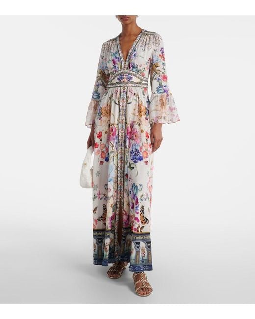 Camilla White Crystal-Embellished Ruffled Floral-Print Silk Maxi Dress
