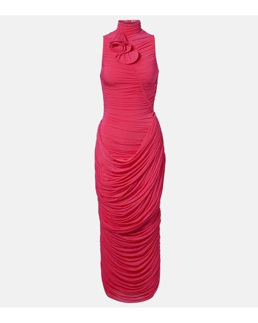 Magda Butrym Red Draped Floral-Applique Midi Dress