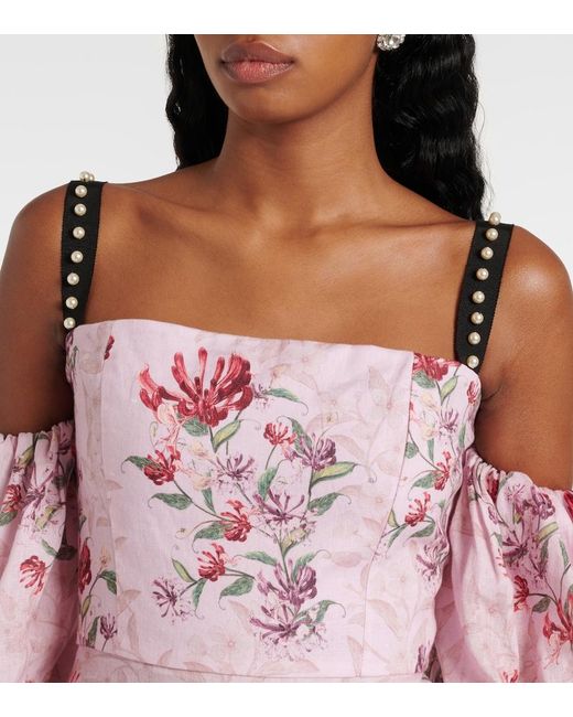 Agua Bendita Pink Mercedes Wisteria Floral Linen Midi Dress