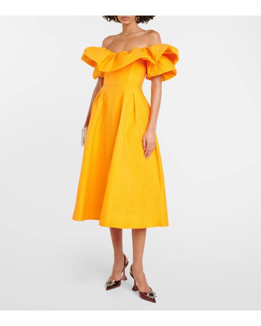 Rebecca Vallance Yellow Aurora Off-shoulder Pleated Midi Dress