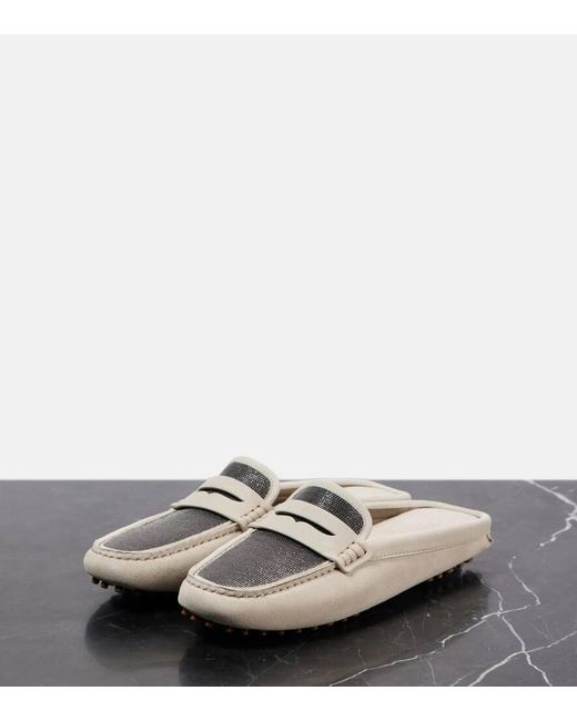 Brunello Cucinelli White Mokassins Monili Aus Veloursleder