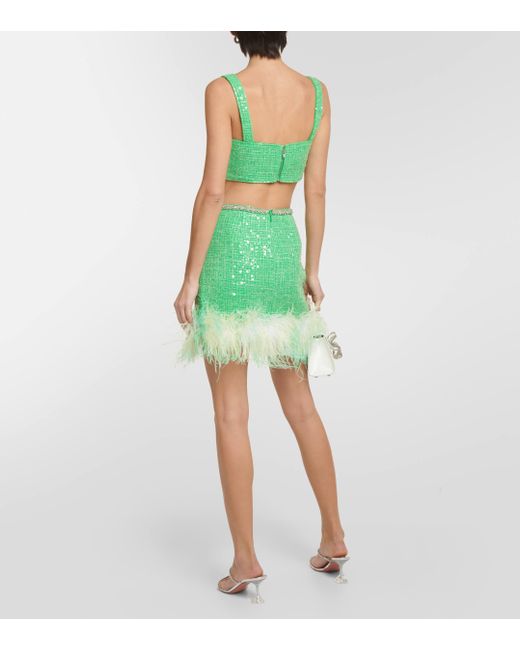 Self-Portrait Green Feather-trimmed Sequined Boucle Miniskirt