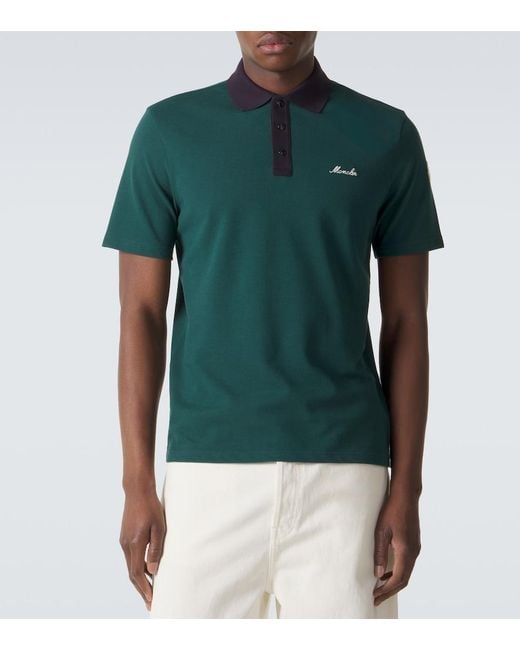 Moncler Green Embroidered Cotton Pique Polo Shirt for men