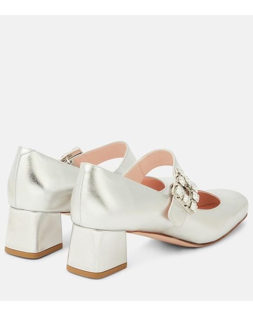 Roger Vivier White Tres Vivier Metallic Leather Mary Jane Pumps