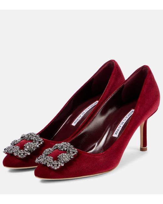 Manolo Blahnik Red Hangisi 70 Embellished Velvet Pumps