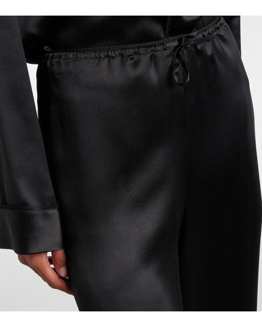 Saint Laurent Black Lace-Trimmed Silk Satin Wide-Leg Pants