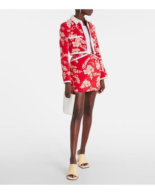 MARINE SERRE Red Leather-Trimmed Jacquard Miniskirt