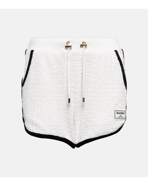 Balmain White Monogram-Motif Towel-Finish Shorts