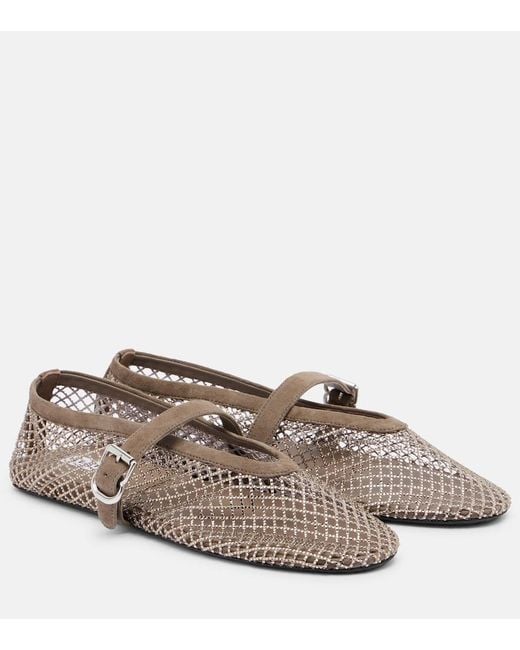 Alaïa Gray Embellished Suede-Trimmed Fishnet Ballet Flats