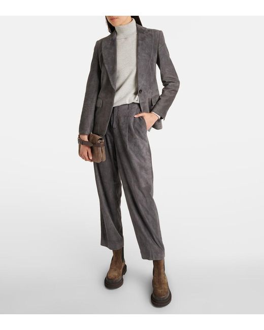 Brunello Cucinelli Gray Suede Straight Pants