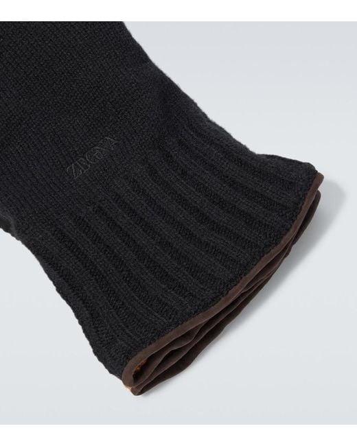 Zegna Black Leather-Trimmed Cashmere Gloves for men