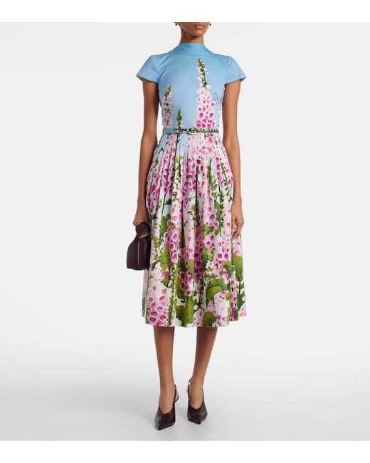 Oscar de la Renta White Floral Cotton-Blend Poplin Midi Dress