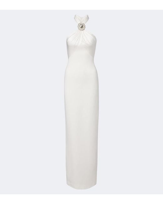 David Koma White Embellished Halterneck Satin-Trimmed Gown