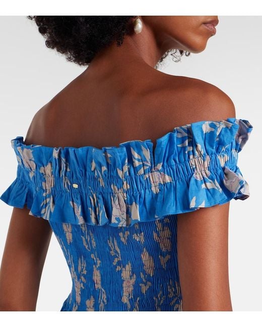 Poupette Blue Suzanne Shirred Cotton Muslin Maxi Dress