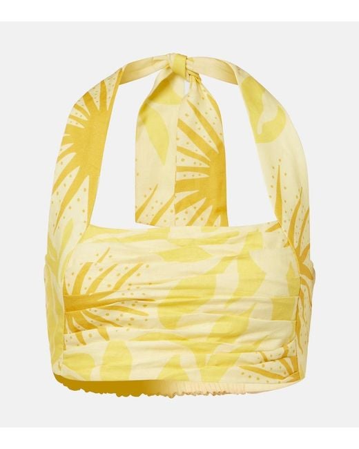 Cala De La Cruz Yellow Fuji Printed Halterneck Linen Crop Top