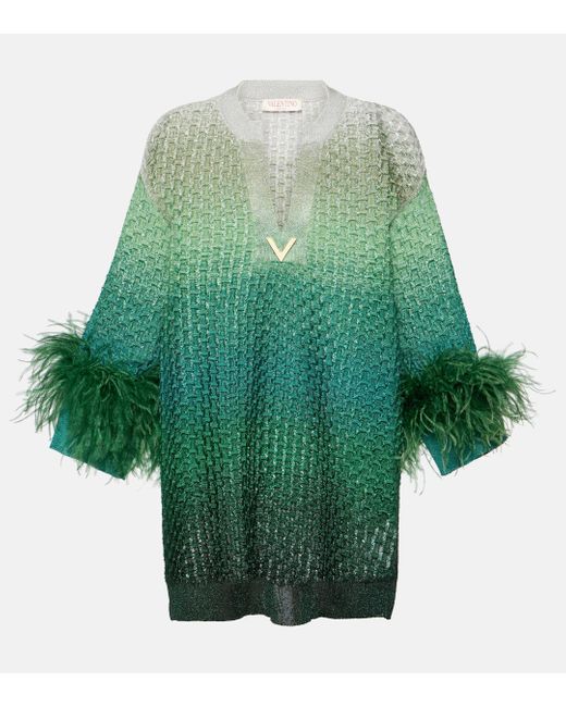 Valentino Green Vgold Feather-trimmed Lame Minidress