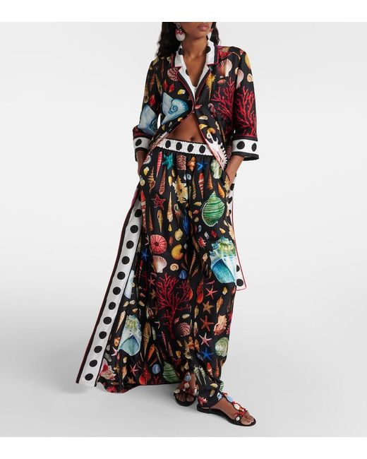 Dolce & Gabbana Black Capri Printed Silk Satin Pants