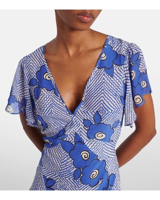 Rixo Blue Evie Floral Silk Maxi Dress