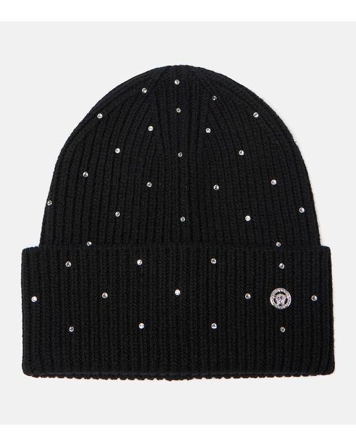 Versace Black Embellished Wool Beanie