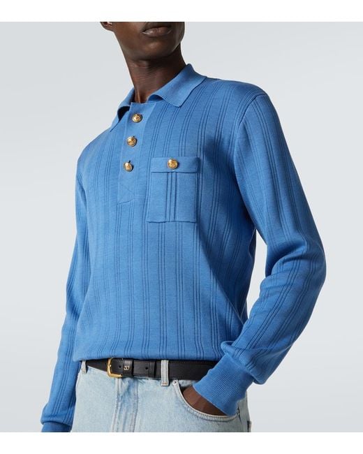 Valentino Blue Ribbed-Knit Cotton Polo Sweater for men