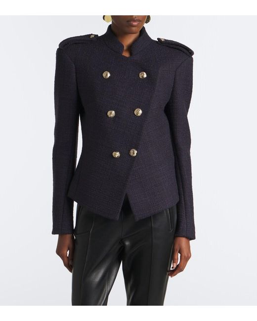 Balmain Blue Double-Breasted Wool-Blend Tweed Jacket