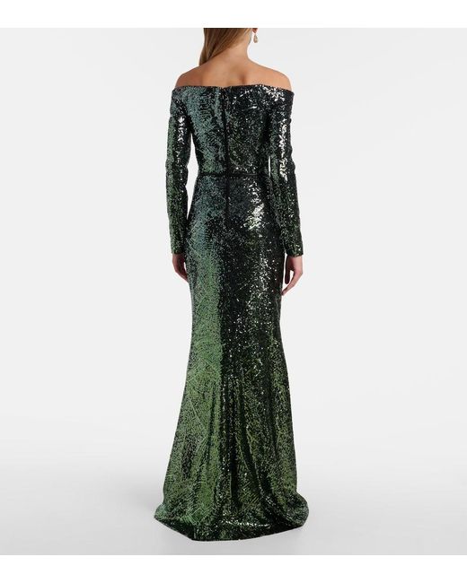 Elie Saab Green Ombre Sequined Silk-Blend Gown
