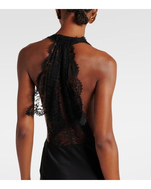 Saint Laurent Black Lace-Trimmed Silk Charmeuse Gown