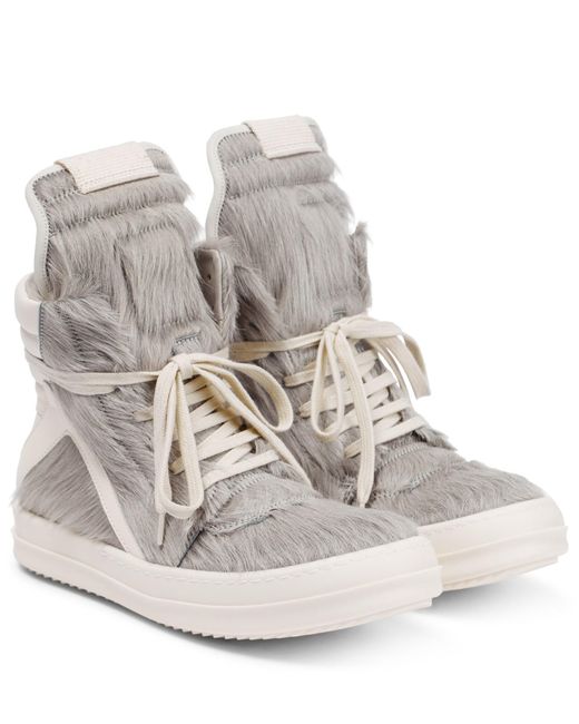 Rick Owens Fur Geobasket Shearling Sneakers in White | Lyst