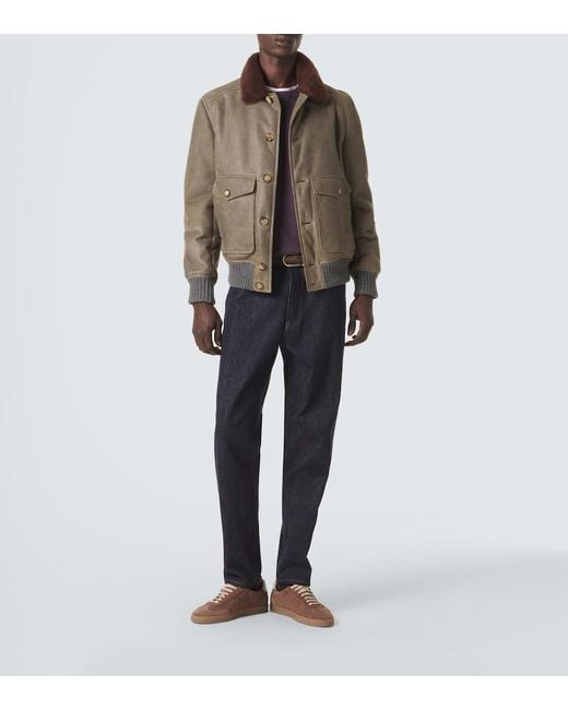 Brunello Cucinelli Green Shearling-Lined Leather Blouson Jacket for men