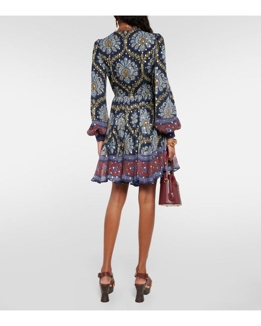 Etro Blue Balloon-Sleeve Silk Jacquard Minidress