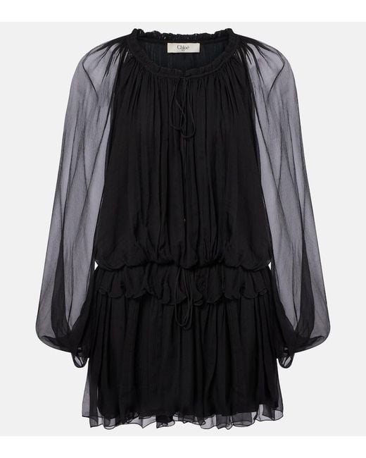 Chloé Black Ruffled Draped Silk Minidress