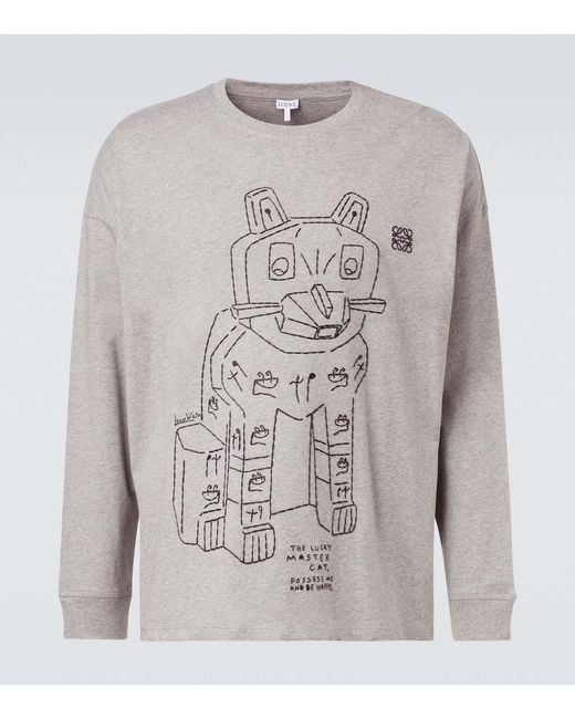 Loewe X Louis Wain Cat Long-Sleeves Cotton-Jersey T-Shirt in Gray