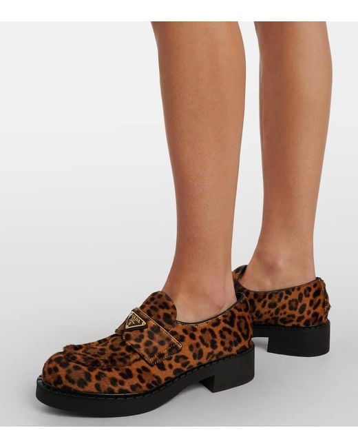 Prada Brown Leopard-Print Calf Hair Penny Loafers