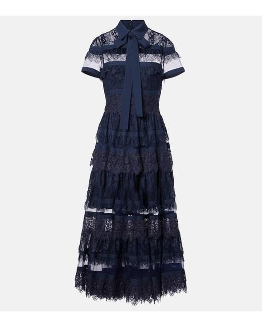 Elie Saab Blue Tie-Neck Lace Midi Dress
