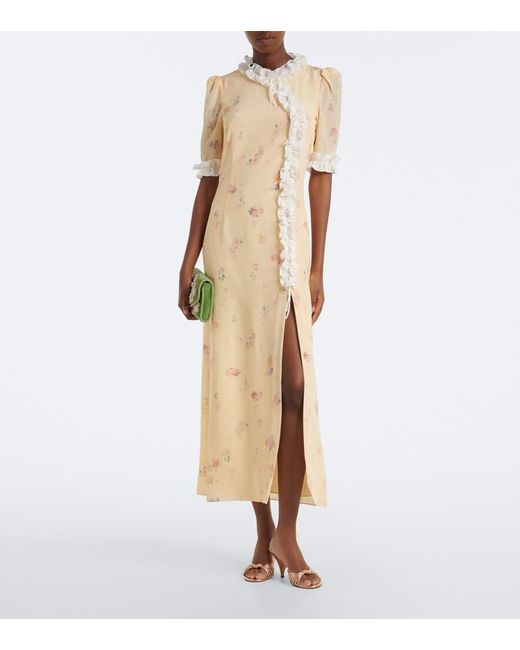 Alessandra Rich Natural Floral Ruffled Silk Midi Dress
