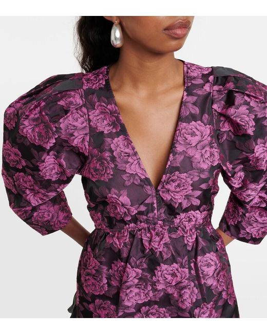 ganni jacquard midi dress GANNI botanical-jacquard puff-sleeves Midi Dress | Pink