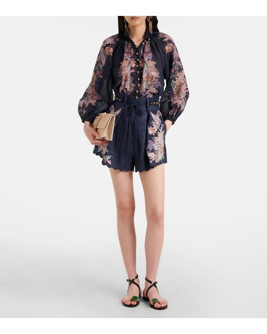 Zimmermann Blue Rhiannon Printed Ramie Blouse