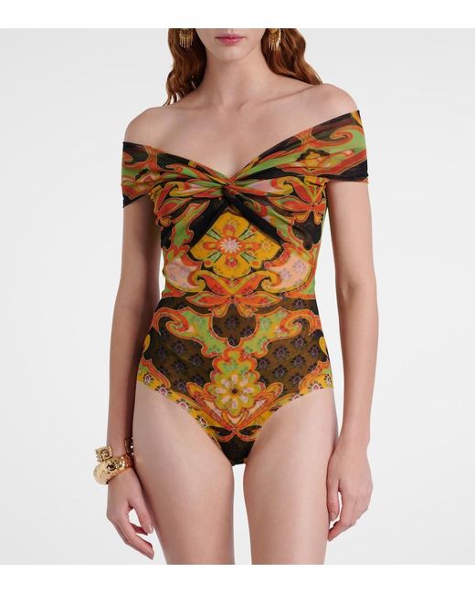 Etro Yellow Printed Off-Shoulder Bodysuit
